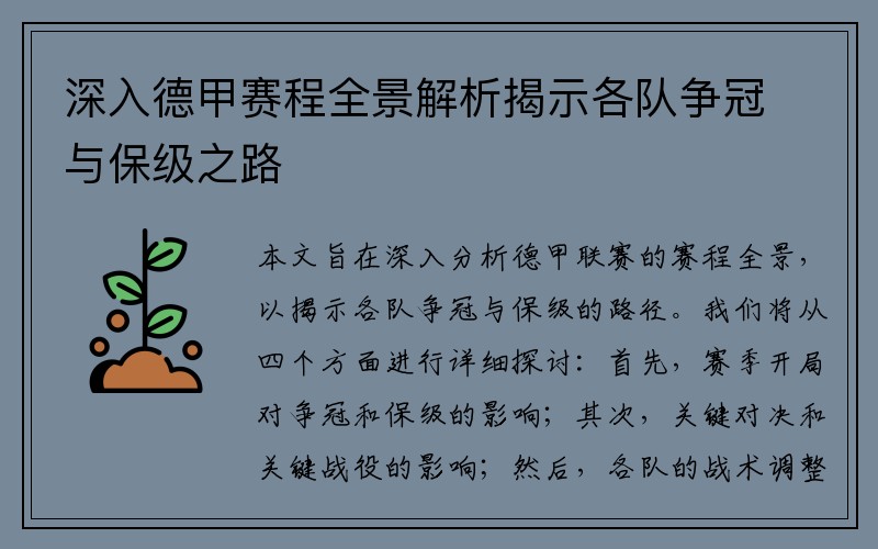 深入德甲赛程全景解析揭示各队争冠与保级之路