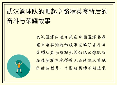 武汉篮球队的崛起之路精英赛背后的奋斗与荣耀故事