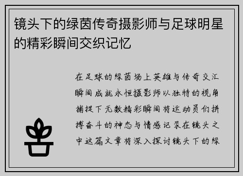 镜头下的绿茵传奇摄影师与足球明星的精彩瞬间交织记忆
